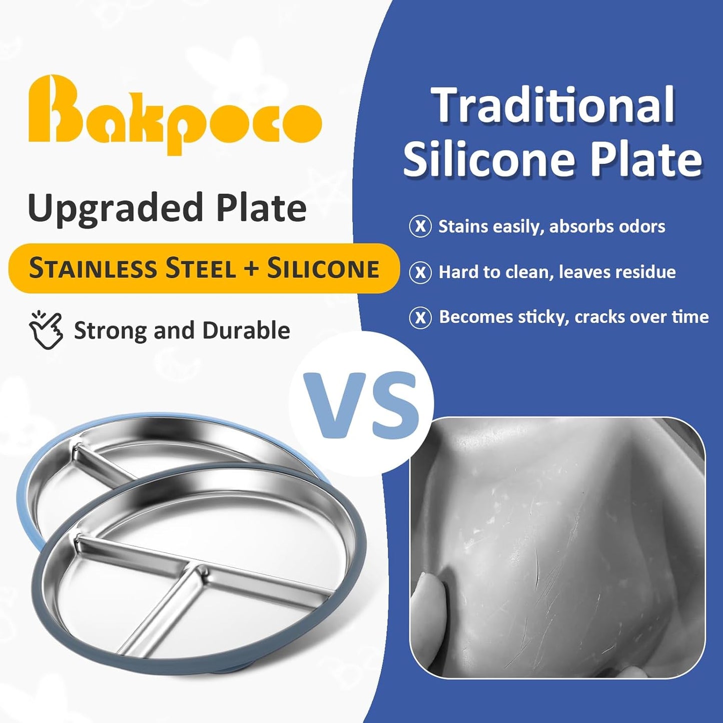 Stainless Steel Suction Plates for Toddlers, 9" Divided Kids Baby Plates with Removable Silicone Suction, Non Toxic Non Slip Portion Control Snack Dishes 4 Packs, Blue Gray Navy Sage
