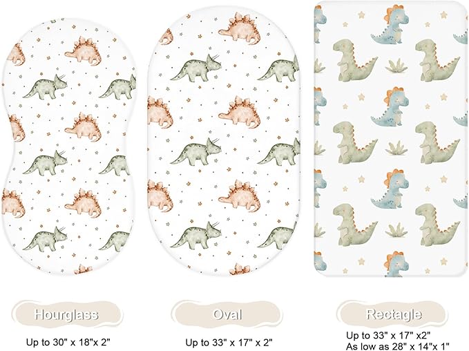 Bassinet Sheets for Baby Girls Boys 2 Pack, Fitted Baby Mattress Sheet for Rectangle, Oval, Hourglass Bassinet Mattress, Breathable Cozy & Universal Fit (Tiny Dinos)