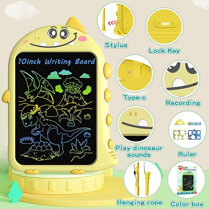 10inch LCD Writing Tablet with Record, Dino Sounds, Type-C Rechargeable,Doodle Board Toddler Learning Toys for 2-6 Kids Christmas Birthday Gift for Quiet Play in Hotel, Airplanes...