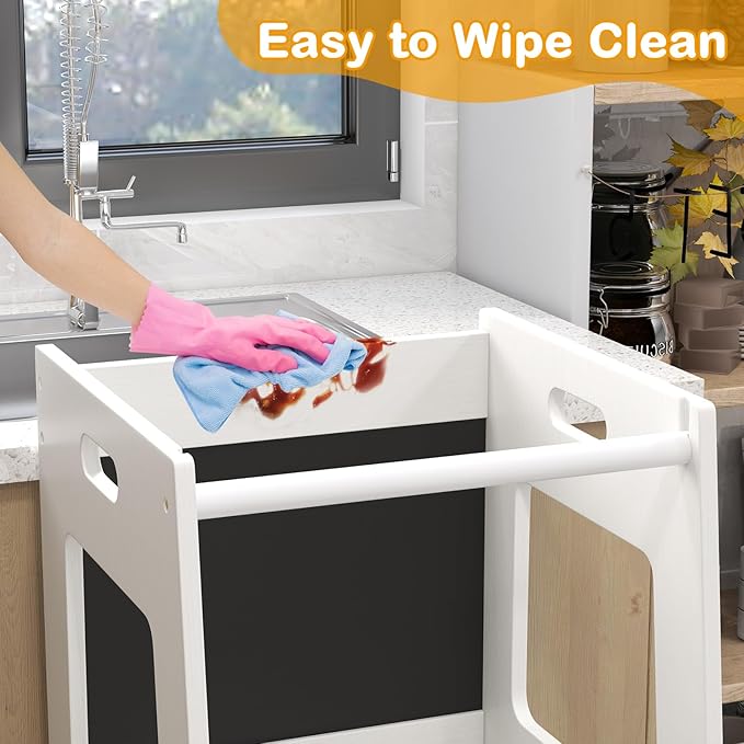 INFANS Toddler Standing Tower, Kids Montessori Kitchen Step Stool Helper with 2 Adjustable Height Learning Blackboard Safety Rail Wooden, Anti-Slip Mats, 1-3 Year Old Boy Girl Gifts (White)