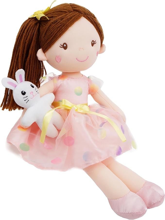 June Garden 15" Playmate Buddies Molly - Soft Plush Doll with Her Stuffed Animal Companion Bunny - Polka Dot Dress for Kids 1 Year and Up