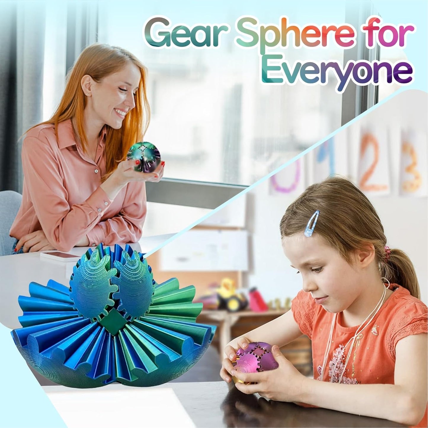 GearSphere Fidget Toy, 3D Printed Gear Ball Spin Ball Cube Desk Toy, 2024 Gear Sphere Cube Puzzle for Adults Kids, Stress and Anxiety Relaxing Fidget Toy (Blue-Green)