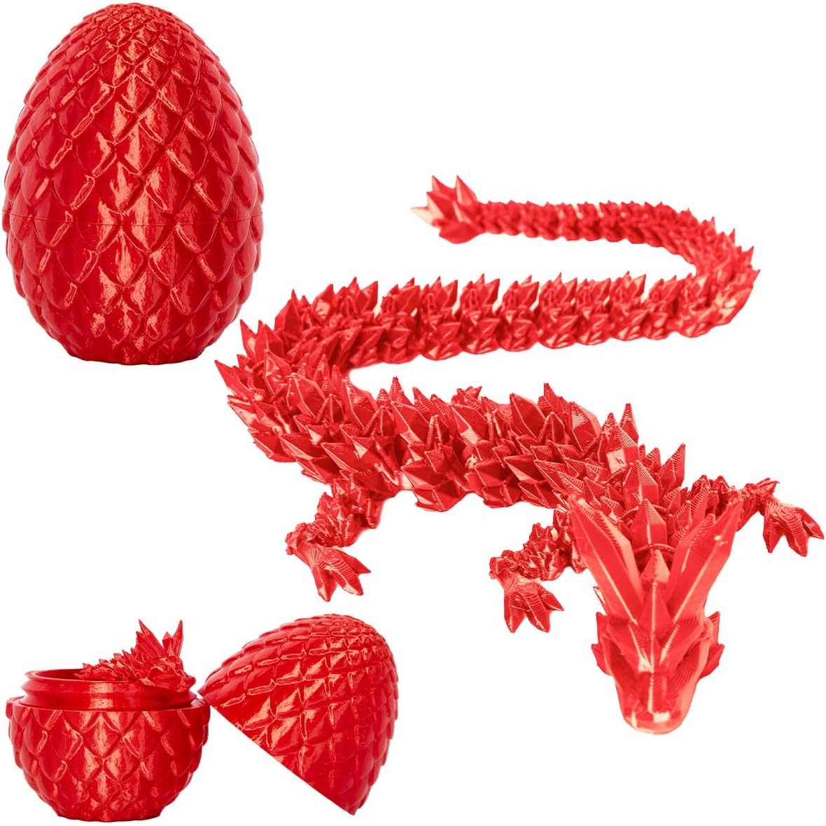 3D Printed Dragon Eggs with Dragon Inside, 12In Silk Red Dragon Egg Fidget Toy, Executive Desk Articulated Dragon Toy, Home Office Decoration