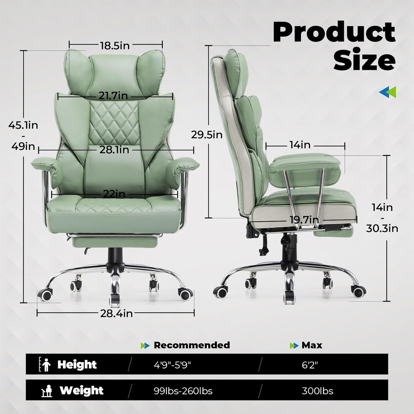 COMHOMA Big and Tall Office Chair, High Back Leather Gaming Chair with Footrest, Executive Ergonomic Office Chairs with Pocket Spring Lumbar Support and with Outward Fixed Soft Armrests