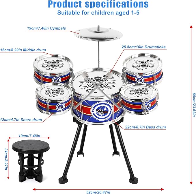Kids Drum Set, 8 PCS Drum Set for Toddlers 1-3, Kids Jazz Drums Ages 5-7 Musical Instruments Toys for Beginner Boys Girls Gifts -Blue