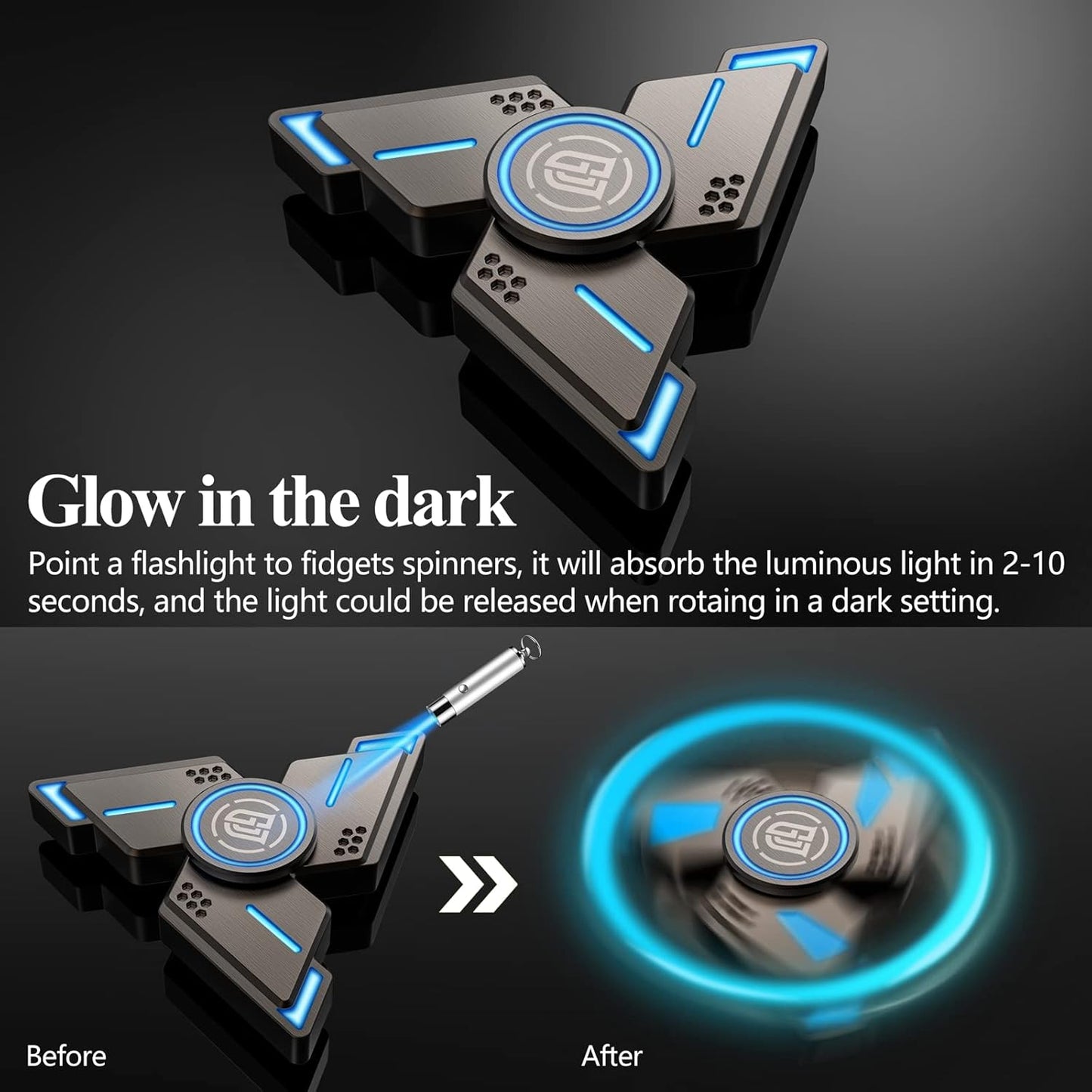 ATESSON Fidget Spinners Toy,3 to 5 min Spins,Gray Metal with Blue Luminous High Speed Bearing, Metal Material Hand Spinner,Stress Relief Anxiety Boredom Desk Toys for Adults and Kids