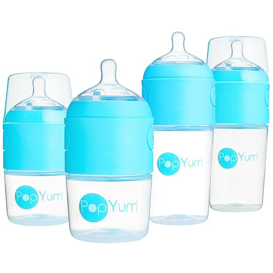 PopYum Blue Formula Making Baby Bottle Starter Set, 4-Pack, 2X 5oz Bottles with #1 Slow Flow Nipples + 2X 9oz Bottles with #2 Medium Flow Nipples, Mixing, Dispenser