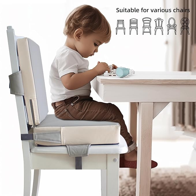 Booster Seat for Dining Table, PU Anti-Scratch Easy Cleaning Kids Toddler Booster Seat for Table, Portable Travel Increasing Cushion for Chair - Light Grey