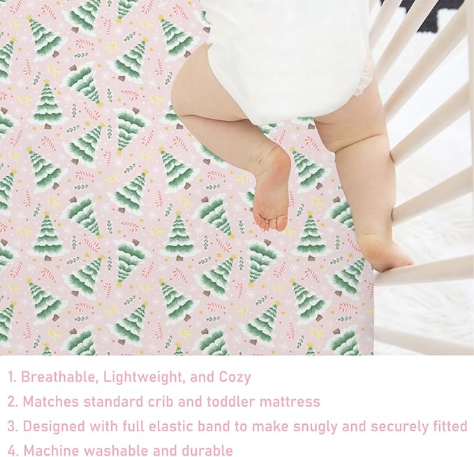 Pink Winter Forest Baby Crib Sheets 52''x28'' Christmas Trees Candy Snowflakes Snug Fitted Crib Mattress Cover for Boy Girl Green Pine Forest Soft Baby Bed Sheet for Standard Crib Toddler Mattress