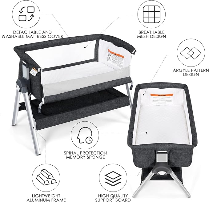 INFANS Baby Bassinet Bedside Crib, Newborn Sleeper w/Large Storage Basket, Adjustable Heights, Detachable &Washable Mattress, Breathable Mesh, Straps, Easy Moving Bed Side (Grey)