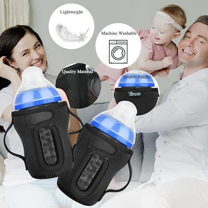 Beautyflier Glass Baby Bottle Sleeve Covers for 9oz Nature Baby Bottles with Dual Handle, 3.8mm Thicken Heat and Cold Retention Baby Bottle Sleeve (2 Black)