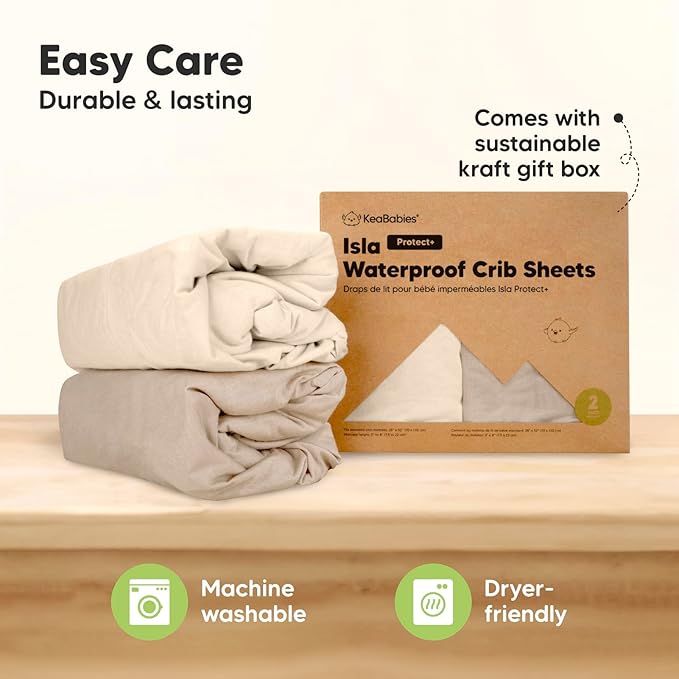 2-Pack Waterproof Baby Crib Sheets for Boys, Girls - 52x28 Viscose Derived from Bamboo Toddler Bed Sheet Neutral, Fitted Crib Mattress Protector Cover for Baby Bedding, Soft & Gentle (Ecru)