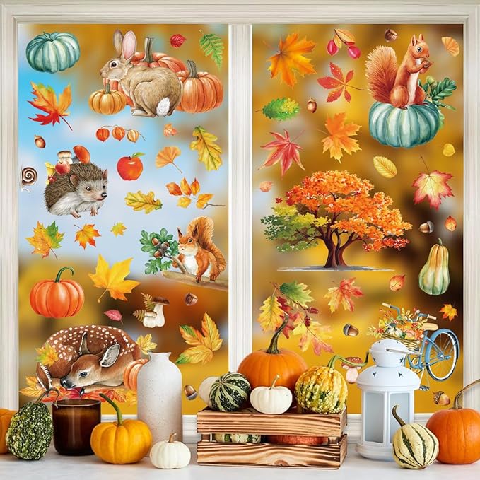 Fall Window Clings 9 Sheets Large-Size Window Clings for Glass Windo Decoration Autumn Leaves Animals Woodland Thanksgiving Decor Home Bedroom Nursery Room Windo Decals