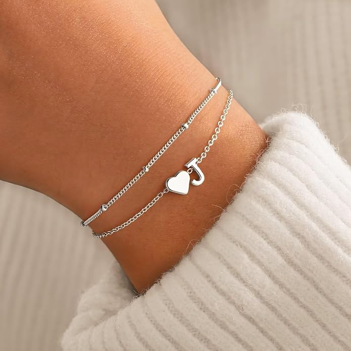 M MOOHAM Initial Heart Bracelets for Women - Layered Dainty 14K-Gold-Plated Heart Letter A-Z Charm Bracelets for Women, Chain Link Charm Bracelets Beaded Bracelets Birthday Gifts Womens Jewelry