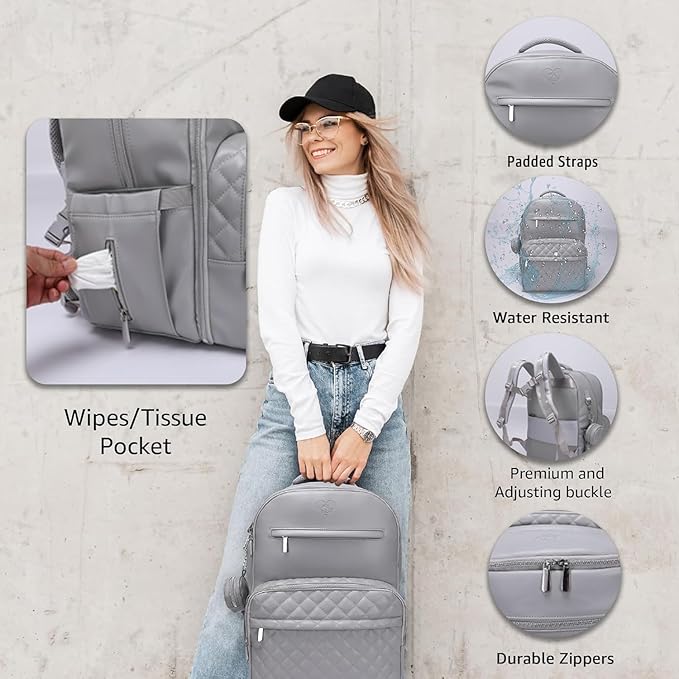 Award-Winning Premium Leather Diaper Bag Backpack – Stylish, Durable, Waterproof Vegan Leather with PEVA Changing Pad & Baby Headrest, Travel-Friendly, Organized for Busy Parents