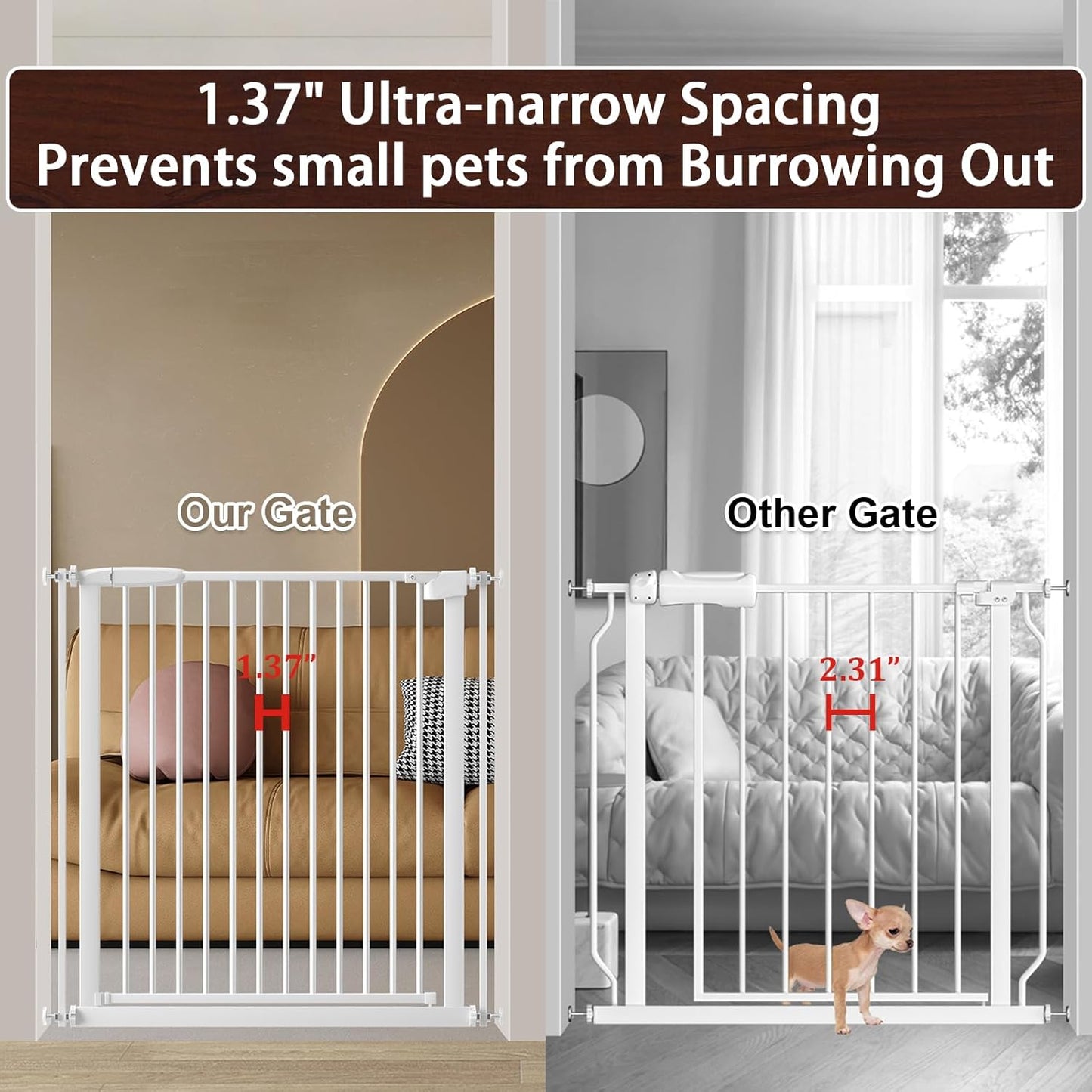 DEARBB Extra Wide Baby Gate Ultra Narrow Spacing 30.11-77.36" Pressure Mounted Double Lock Swing Auto Close Walk Through Metal Safety Pet Gate for Stairs and House Doorway Kitchen