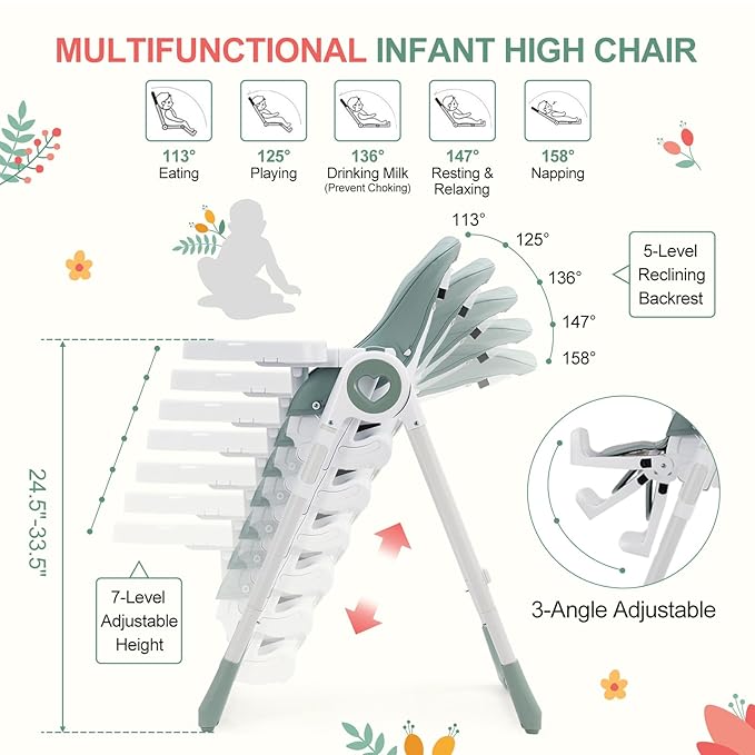 Foldable High Chairs for Babies and Toddlers, Adjustable Infant Baby Chair with Removable Tray and Non-Slip Foot Pads, Highchair for Children Aged 6 to 36 Months, Green