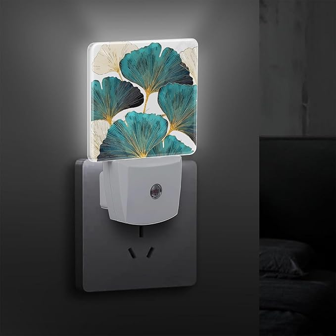 Ginkgo Leaves Green Plant Plug in Night Light with Auto Dusk to Dawn Sensor,Warm Night Lights for Boys Girls Bedroom Bathroom Hallway Kids Room Gifts