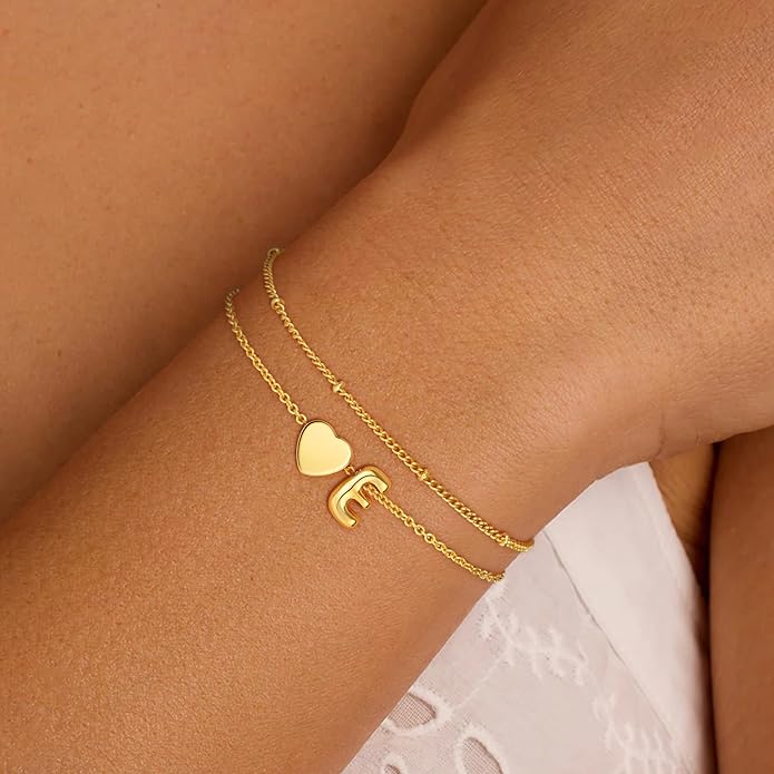 Heart Initial Bracelets for Women Girls - 18K Gold Plated A-Z Initial Bracelet Dainty Gold Bracelets for Women Teen Girl Gifts Trendy Stuff