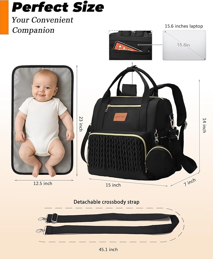 Backpack Diaper Bag,Stylish Waterproof Baby Diaper Bags with Changing Pad,Insulated Pockets,Multi-Function Travel Diaper Backpacks,Gift for New Parents,Black
