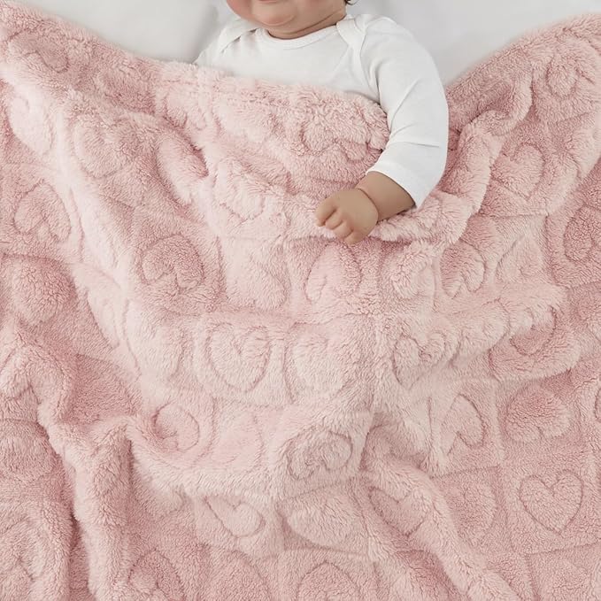 CREVENT 30"X40" Cozy Soft Warm Sherpa Baby Blanket for Girls Boys, Newborn Essentials for Infant, Baby Shower Receiving Gift - Pink Heart 75X100cm