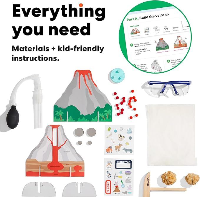 KiwiCo Volcano Science Kit for Kids Age 5 to 8 – STEM Science Kit & Educational Toy with Rock & Mineral Exploration, Real Geodes, Magnifying Lens, Display Case & Eruption Experiment