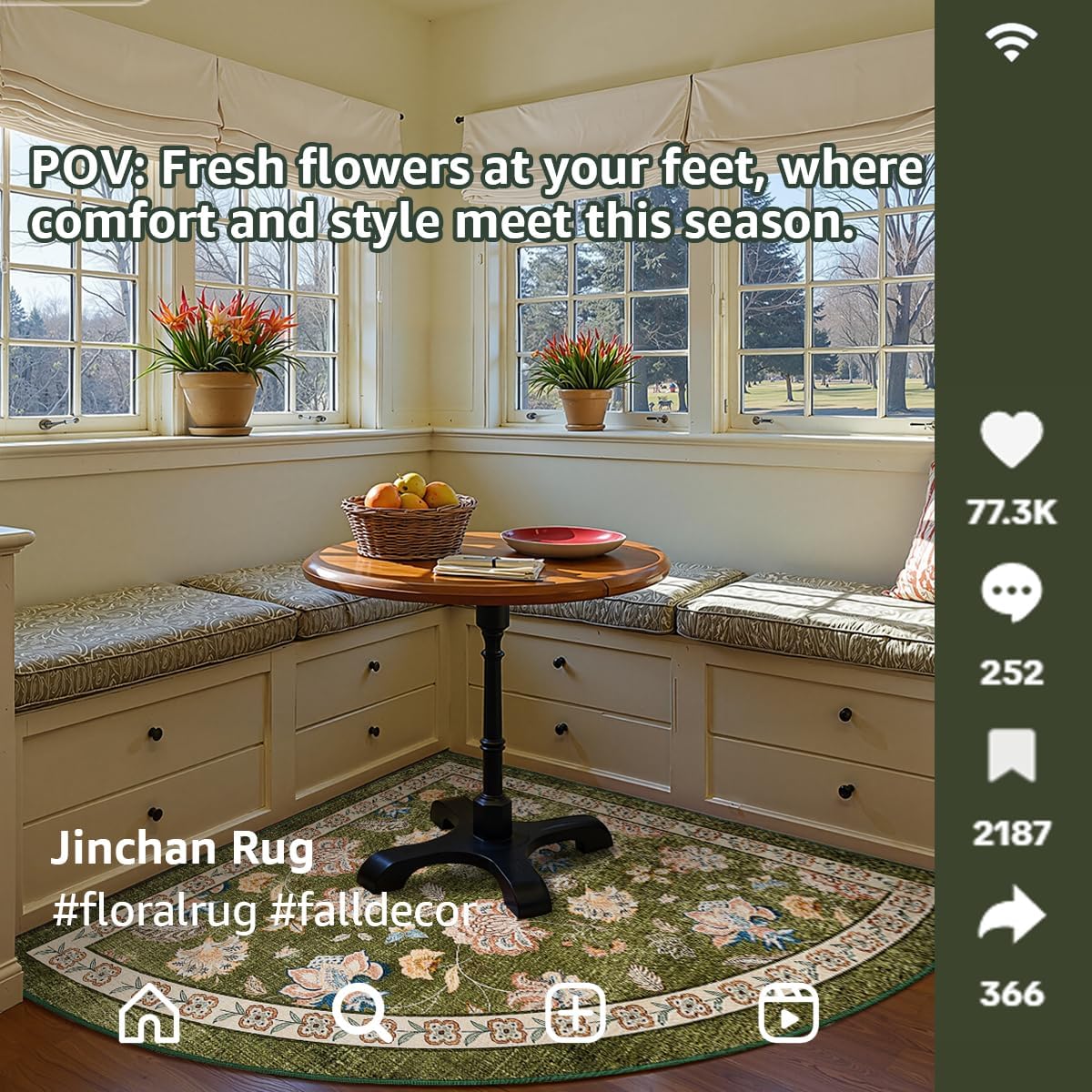 jinchan Floral Corner Rug for Entryway Washable Kitchen Rug Vintage Romance Design Non Slip Quarter Circle Lightweight Low-Pile Throw Carpet for Playroom Reading Nook Nursery, 4ft Radius, Green