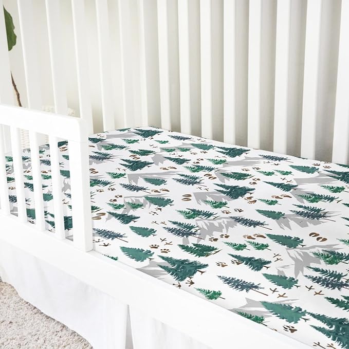 Green Pine Trees Animals Tracks Baby Crib Sheet 52''x28'' Pine Trees Paws Mountain Snug Fitted Crib Mattress Cover for Boy Girl Wildlife Soft Baby Bed Sheets for Standard Crib & Toddler Mattress