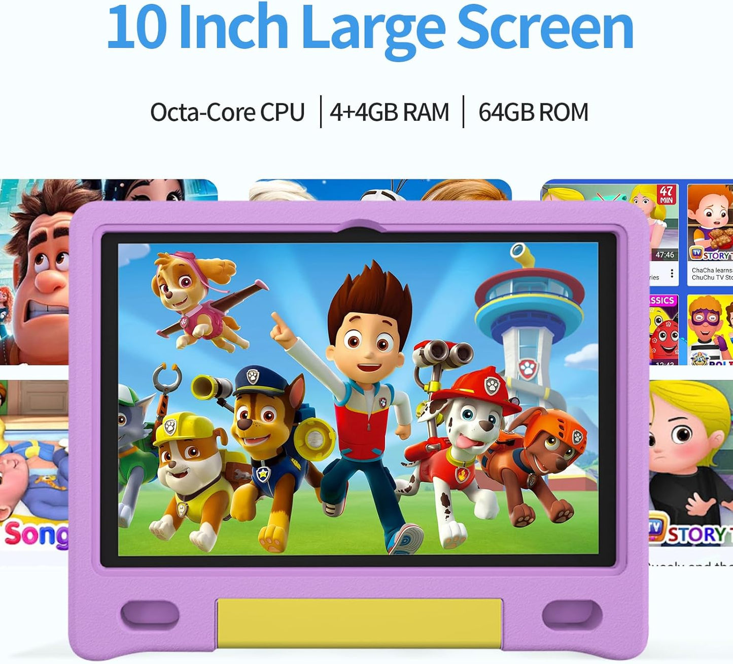 JREN Kids Table 10.1" ｜Android 14 Tablet for Kids｜64GB Storage｜Octa-Core｜WiFi ｜Cameras｜Parental Control｜Kids Content｜Case Included Great Gift for Children Ages 3-12 Years Old Purple
