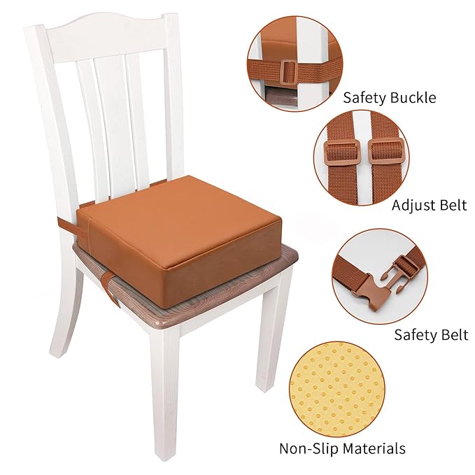 Toddler Booster Seat for Dining Table, PU Washable Double Safe Straps Non-Slip Bottom Booster Seat Dining Toddler, Portable Travel Increasing Cushion (Brown)
