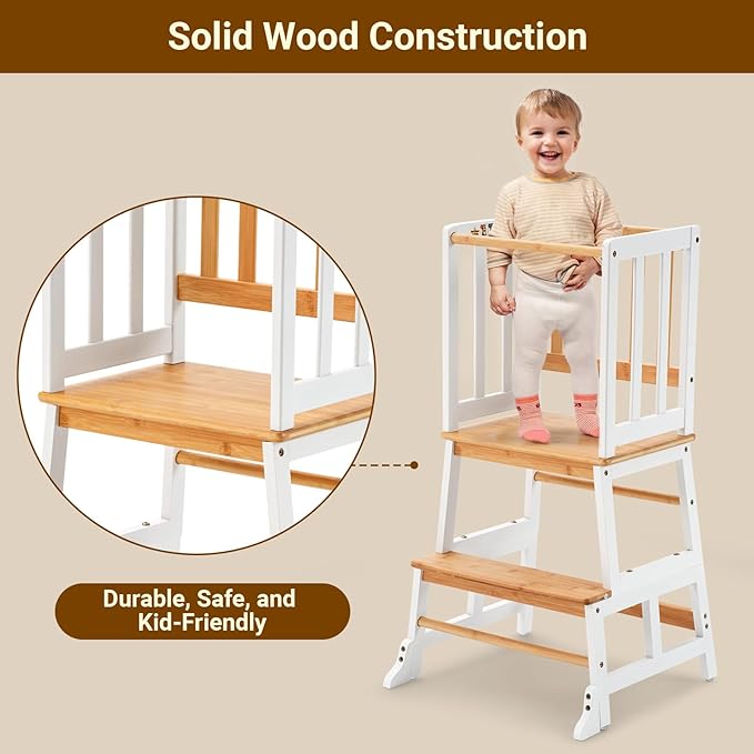 COSYLAND Kids Kitchen Step Stool Helper - Wooden Standing Tower for Kids with Anti-Tip Support Legs - Mothers' Helper Kids Learning Stool for Kitchen Counter (White & Natural)