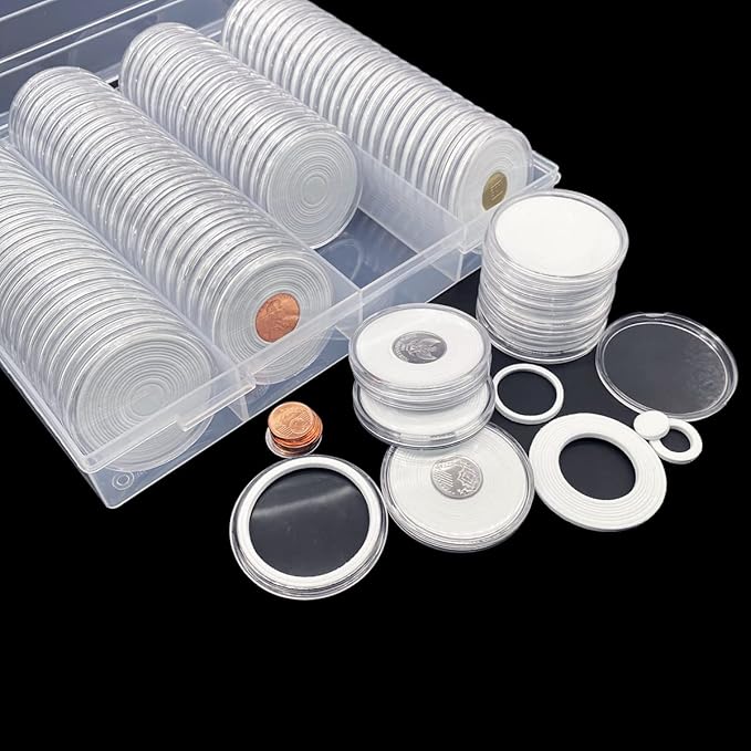 100 Pcs 46mm Silver Dollar Coin Holder Capsules and 15 Sizes(Match All 12-46mm) Protect Gasket for Collection Supplies,Plastic Coin Case with Storage Organizer Box for Collectors and 6 Pcs Coin Flip