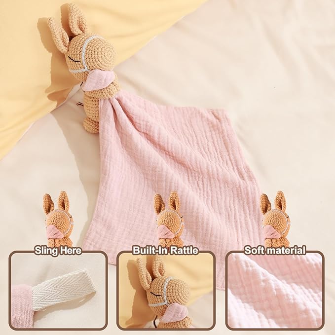 Hand-Knit Crochet Baby Animal Security Blanket | Organic Cotton Baby Shaker Rattle Toy & Comforter Lovey | Soft Sensory Stroller Toy for Newborns Infants 0-6-12 Months (Baby Pony Design)