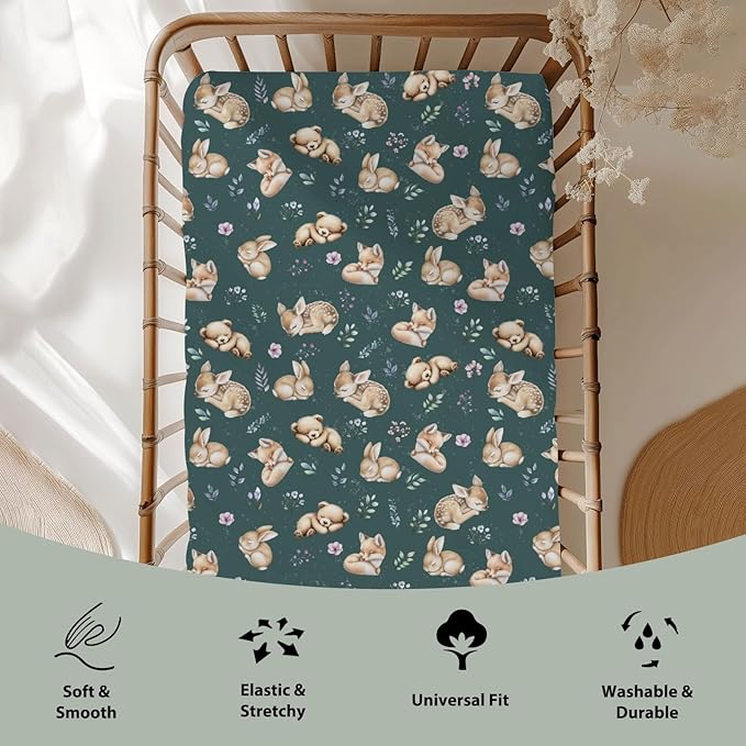 Sleeping Spring Animals Baby Crib Sheets Boy Girl 28"x52" Bear Deer Bunny Floral Leaves Soft Snug Fitted Crib Mattress Cover Cute Animals Baby Sheet for Standard Crib & Toddler Mattress