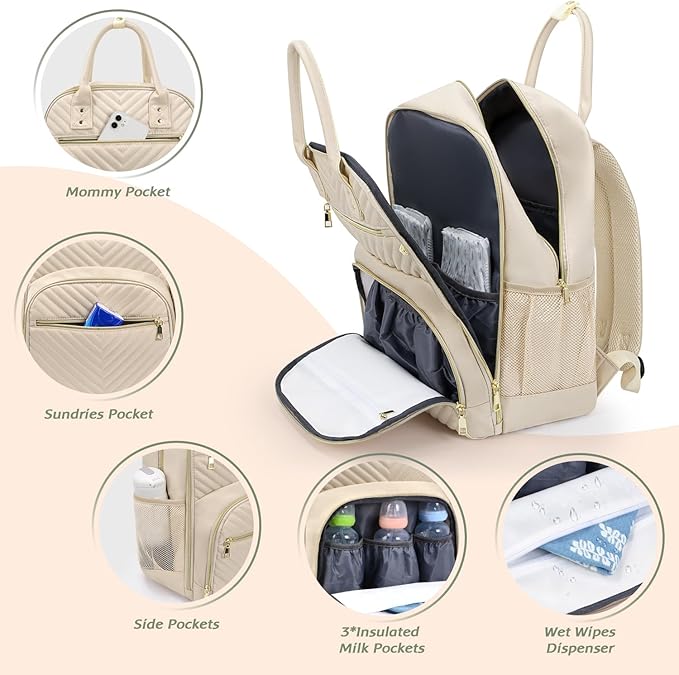 Diaper Bag Backpack,Baby Essentials Diapers Bag with Pacifier Case,Multipurpose Stylish Large Capacity Travel Backpack for Baby Girl/Boy(L-Beige)