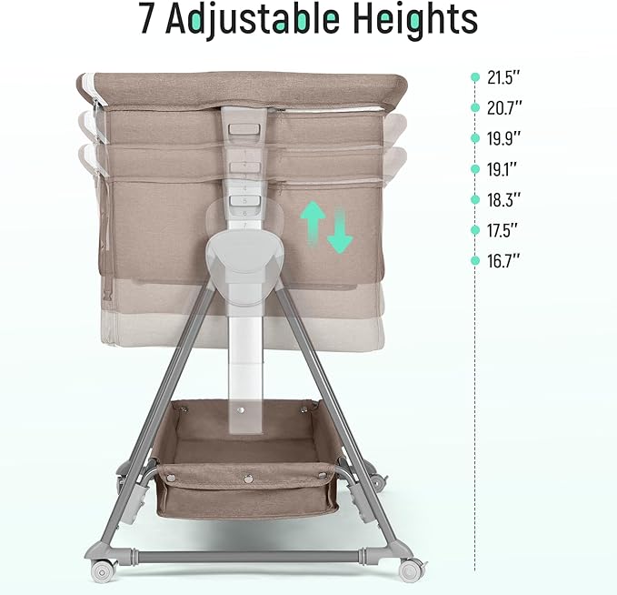 Cowiewie Bassinet Bedside Sleeper, Baby Bassinet with 7 Adjustable Height, Bedside Bassinet for Baby with Storage, Breathable Mesh & Mattress, Portable Bassinet Easy Folding (Baby Brown)