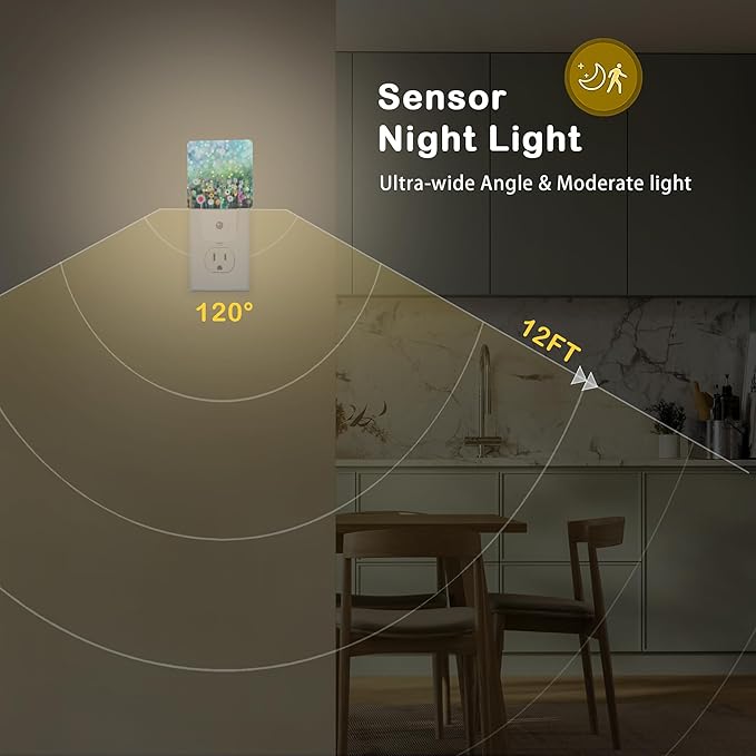 Abstract Watercolor Flower Night Light with Dusk to Dawn Light Sensors, Plug-in Wall Led Night Lights, Energy Efficient Lamp for Bedroom/Bathroom/Kitchen/Hallway/Stairs