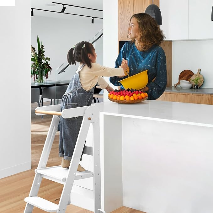 Foldable Toddler Tower 95% Preassembled Kitchen Stool Helper Folding Step Stool for Kids Montessori Toddler Standing Tower with 3 Adjustable Height Helper Tower for Kitchen Counter Sink White