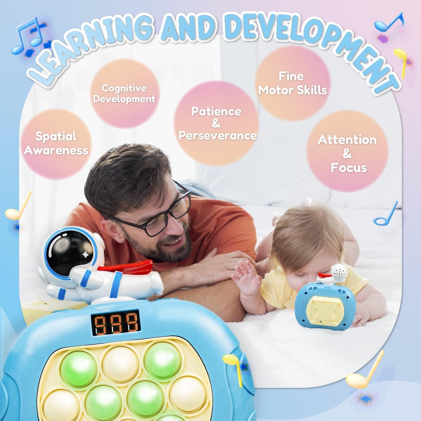 Marlo & Buzz Fast Push Game Toy with Popit Game Controller, Pop Fidget Animal with LED Screen - Sensory and Memory Console, Quick Bubble Light Toy, Pocket Games (Blue Spaceman)