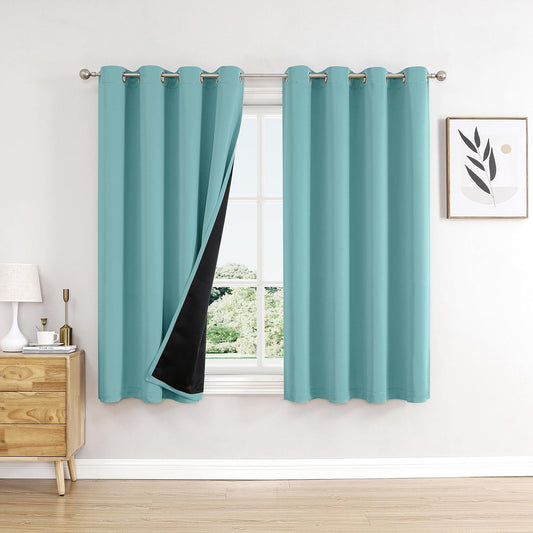ChrisDowa 100% Blackout Curtains 45 inch Long for Bedroom with Black Liner, 2 Thick Layers Total Blackout Thermal Insulated Grommet Window Curtains 2 Panels Set (Aqua, 52 x 45 Inch)