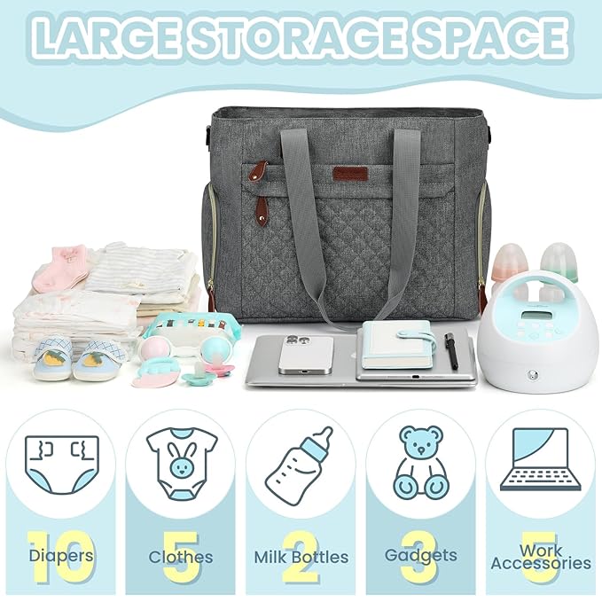 Diaper Bag Tote for Working Mom, Large Travel Diaper Tote for Mom and Dad with 14 Inch Laptop Sleeve, Mommy Maternity Travel Baby Bag for Boys and Girls, Grey