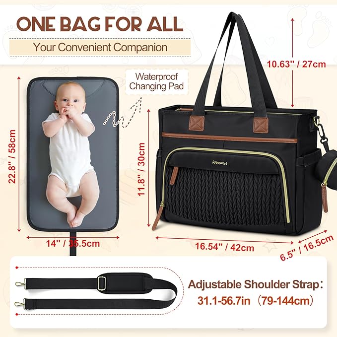 RAINSMORE Diaper Bag Tote, Large Diaper Baby Bag Waterproof Multifunctional Diaper Bag with Pacifier Case & Changing Pad
