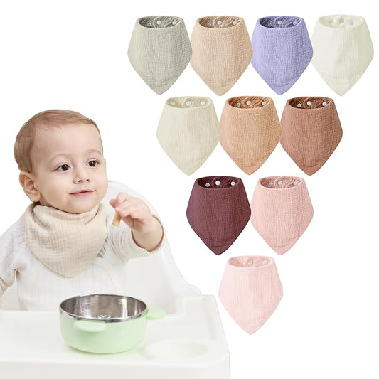 JELLYMONI 10 Pack Muslin Drool Bibs for Babies - Soft Adjustable Bandana Bib with Snaps, Absorbent Unisex Teething Bib for Newborn Girls & Boys