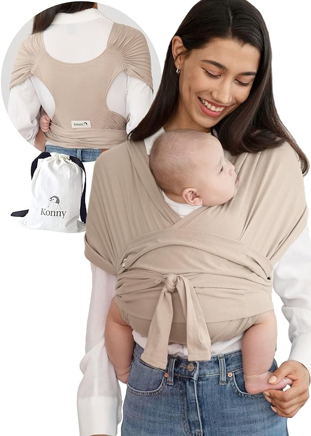 Konny Baby Carrier Flex SoftBreeze with Head Support - Adjustable, Easy to Wear Baby Wrap Sling, Perfect for Newborn Babies Essentials up to 44 lbs (M-4XL) - Beige