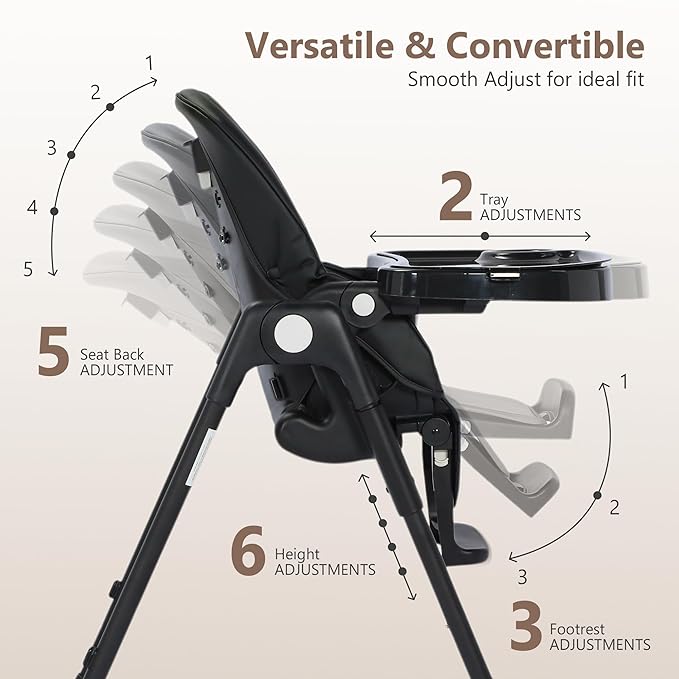 Kinder King Convertible High Chair for Babies & Toddlers, Adjustable Baby Feeding High Chair with Removable Double Tray, Simple Compact Fold for Space-Saving, 2 Built-in Wheels, Easy to Clean, Black