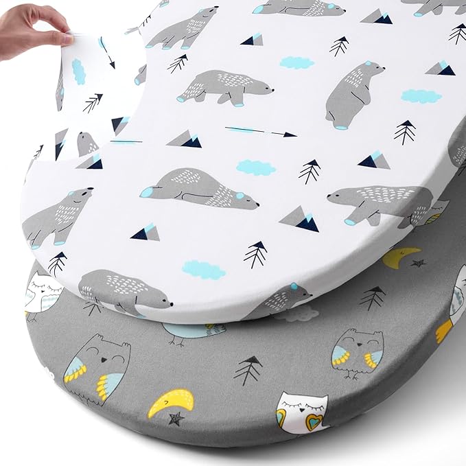 Stretchy Bassinet Sheet Set BROLEX 2 Pack Snug Fitted Cradle Fitted Sheets for Bassinet Pads/Mattress, for Boys Girls,Unisex,Ultra Soft Breathable,Owl Bear