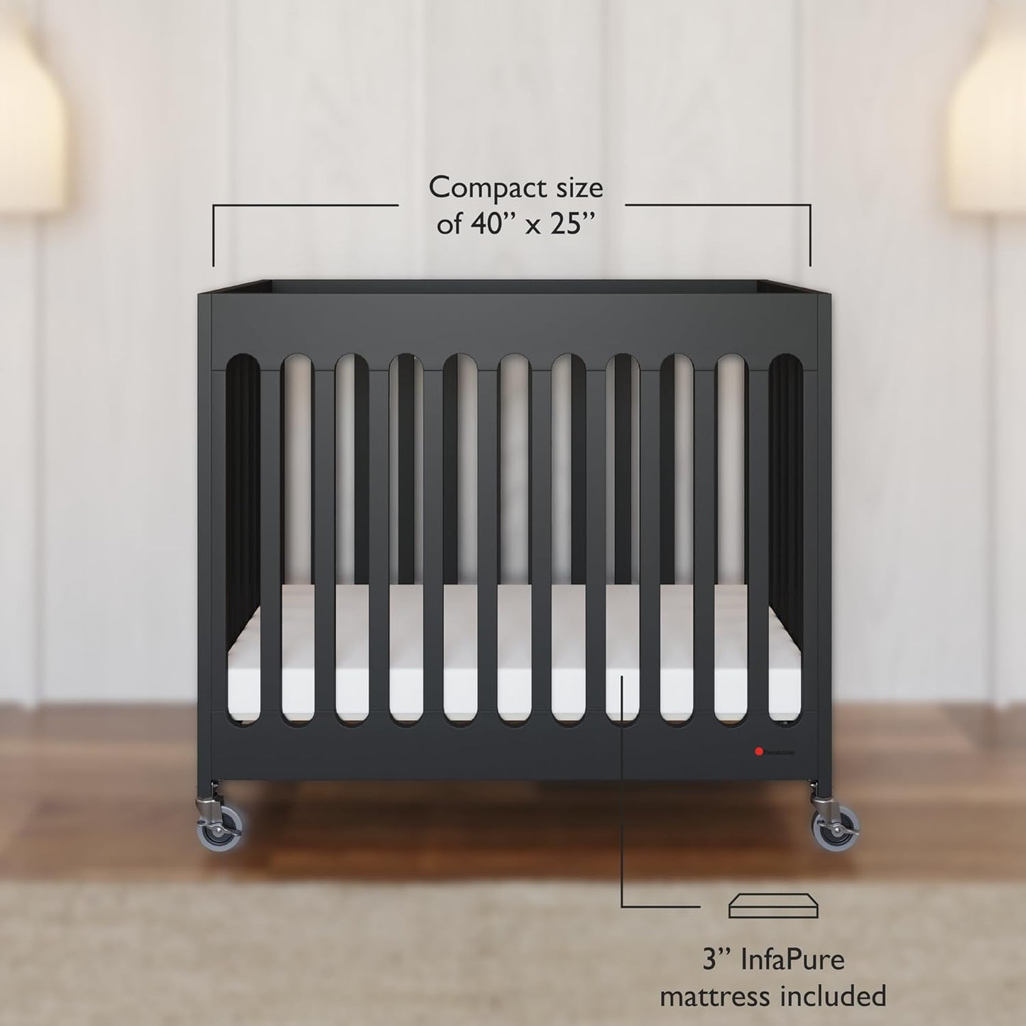 Foundations Boutique Folding Mini Baby Crib - Compact, Portable, Wooden Hotel Crib, Foldable Compact Cribs for Baby & Toddlers - Includes 3" Foam Mattress - Ebony