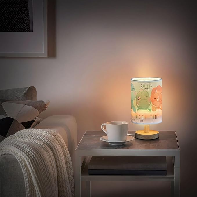 Table Lamp Watercolor Dinosaur Baby Pattern Nightstand Lamp with Wood Base Fabric Lamp Shade Bedside Desk Lamp for Living Room Bedroom Kids Room Office