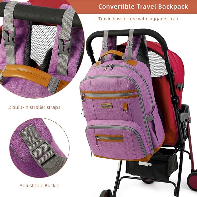 Diaper Bag Backpack, Large Baby Nappy Bags with Portable Changing Pad for Boys and GirlsMultifunction Travel Baby Bag for Moms Dads, Shower Gifts Waterproof and Stylish，Purple