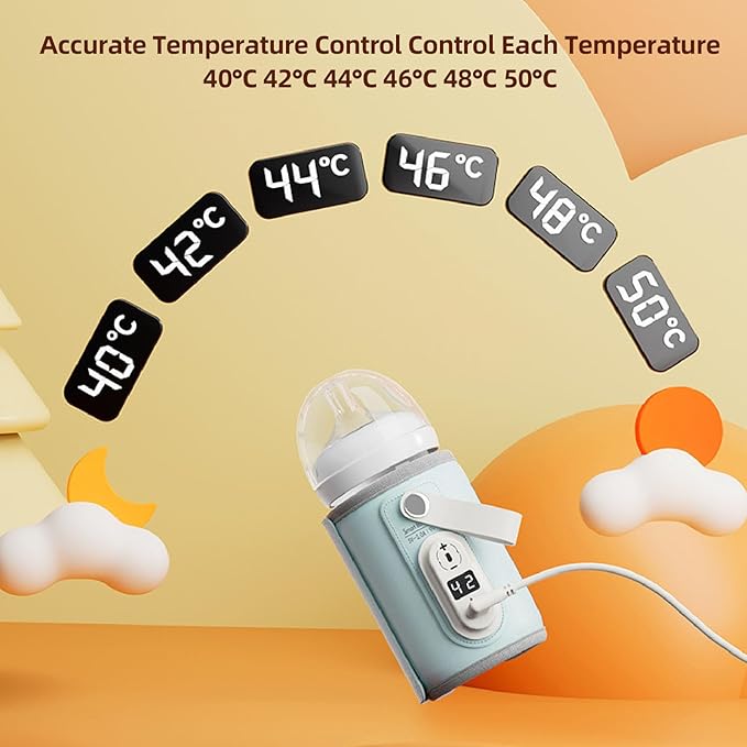 Denash Portable Bottle Warmer for Travel, 6 Gear Temperature, Fast Heating, Baby Milk Warmer for Breastmilk or Formula, Accurate Temperature Control